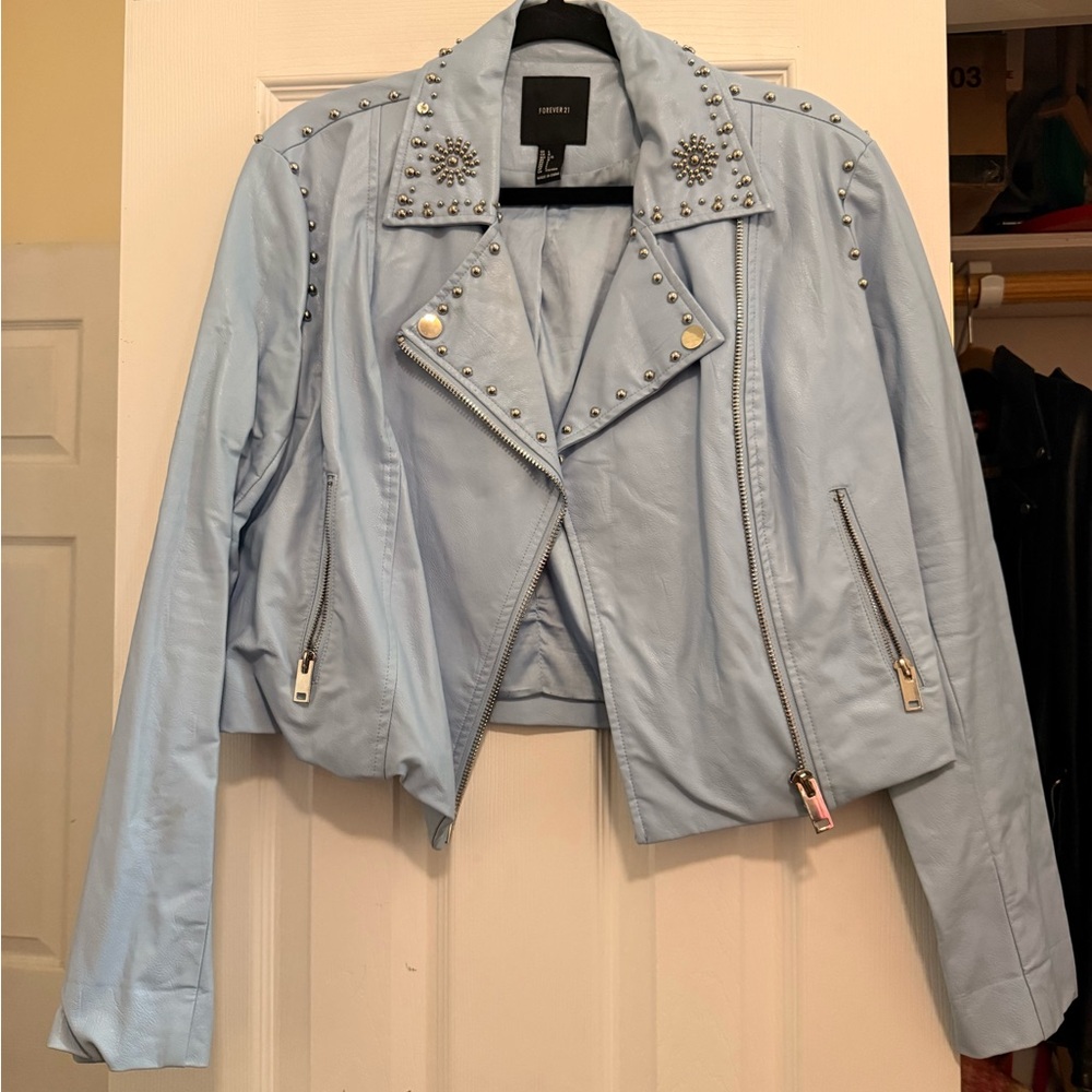 Forever 21 Pale Blue Studded Faux Leather Moto Jacket